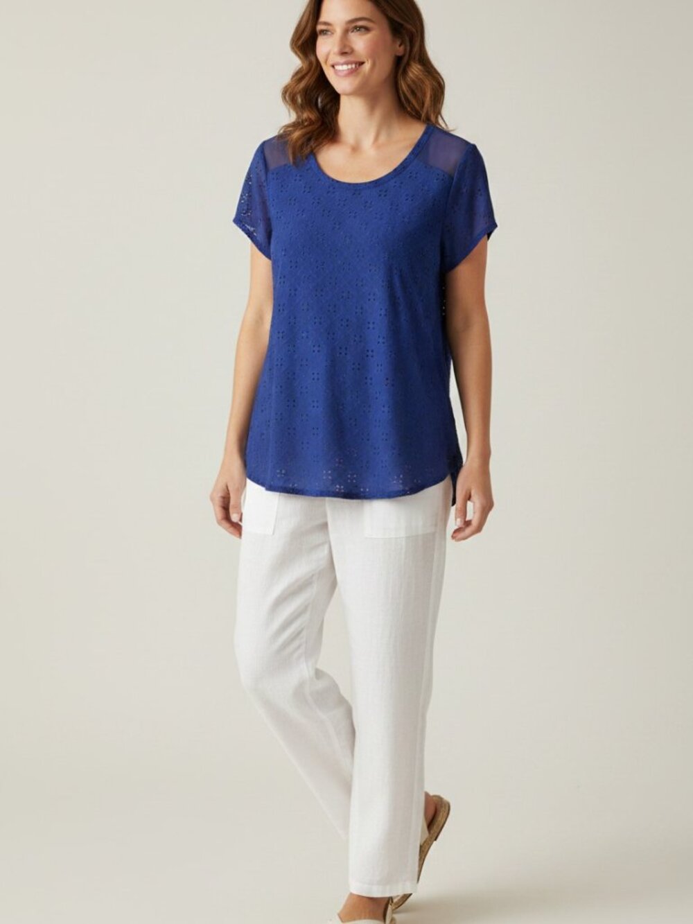 The Limited Cobalt Blue Eyelet Top Sheer Shoulder Tee XL Nautical Soft Girl EUC